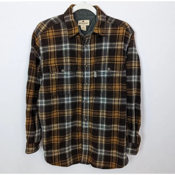 Woolrich Mens L 100% Wool Button Up Shirt Brown Darkwood Plaid Flannel Pockets - Picture 1 of 8